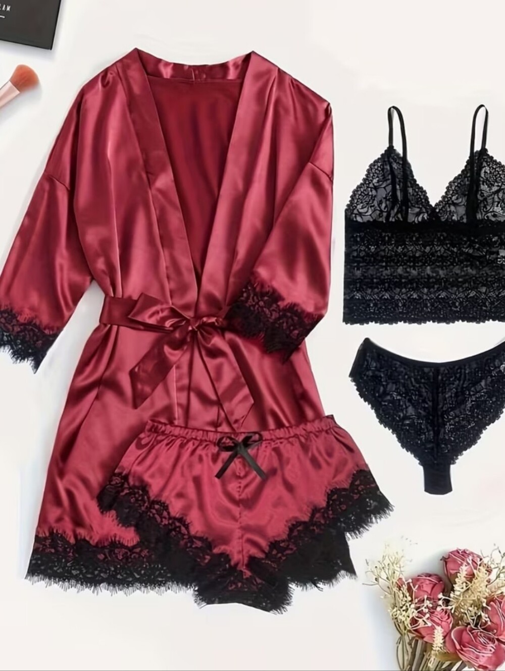 4pc Silky Red Satin Robe & Lace Sleep Set Robe Bra Panties Boy Shorts